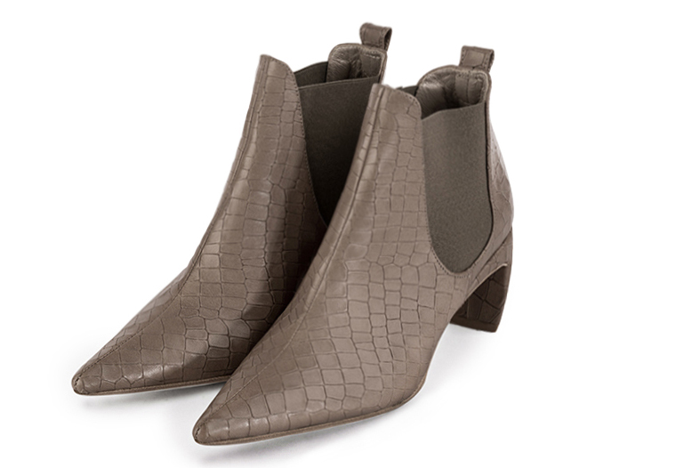 Women's bronze beige and taupe brown elegant Chelsea ankle boots, with side elastics. Pointed toe. Medium comma heels - Front view